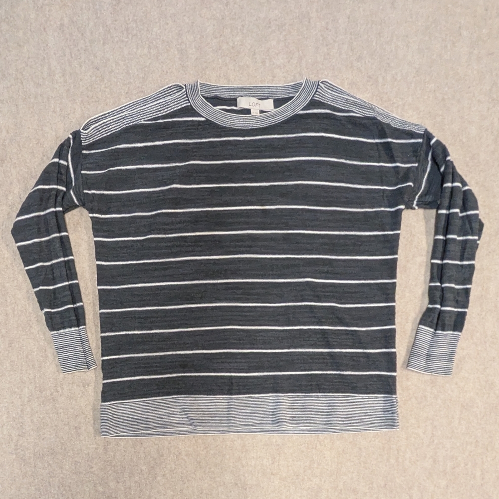 LOFT Open Shoulder Gray Striped Lightweight Sweater Top Size Womens Med
